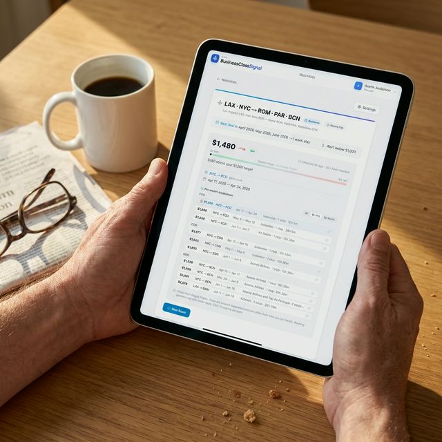 Reading a flight market briefing over morning coffee