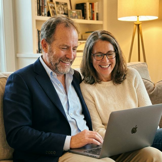 Couple reviewing travel plans together on a laptop at home